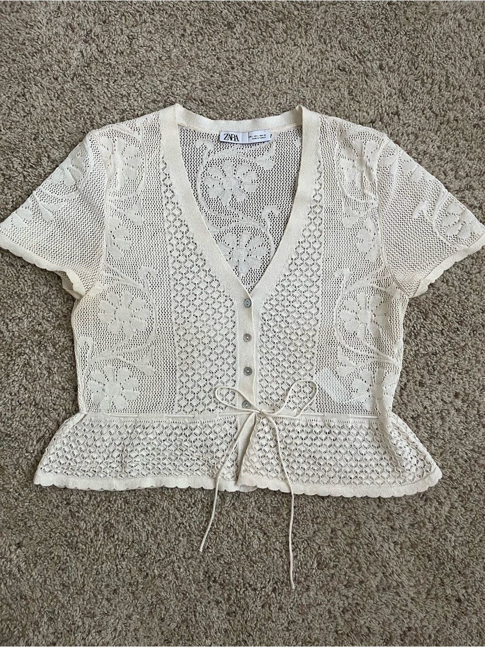 Zara Cream Lacey Tie-Waist Peplum Top